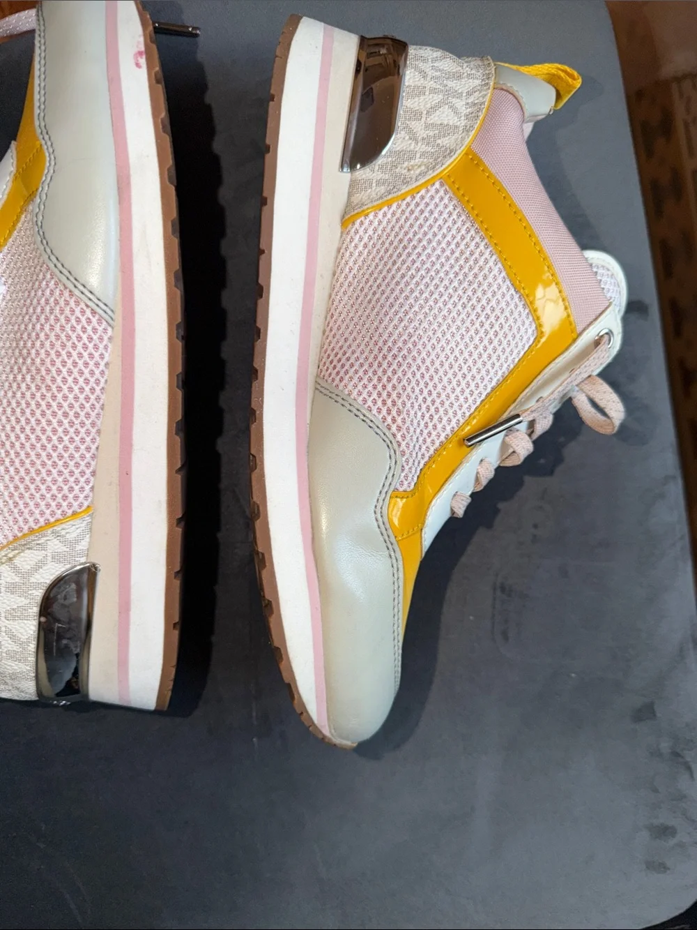 Michael Kors Yellow and Blush Pink Mixed-Media Sneakers 7.5